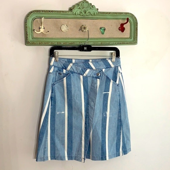 G Raw blue Stripe Denim distress Wrap Mini Skirt 27 asymmetrical medium - Picture 2 of 12